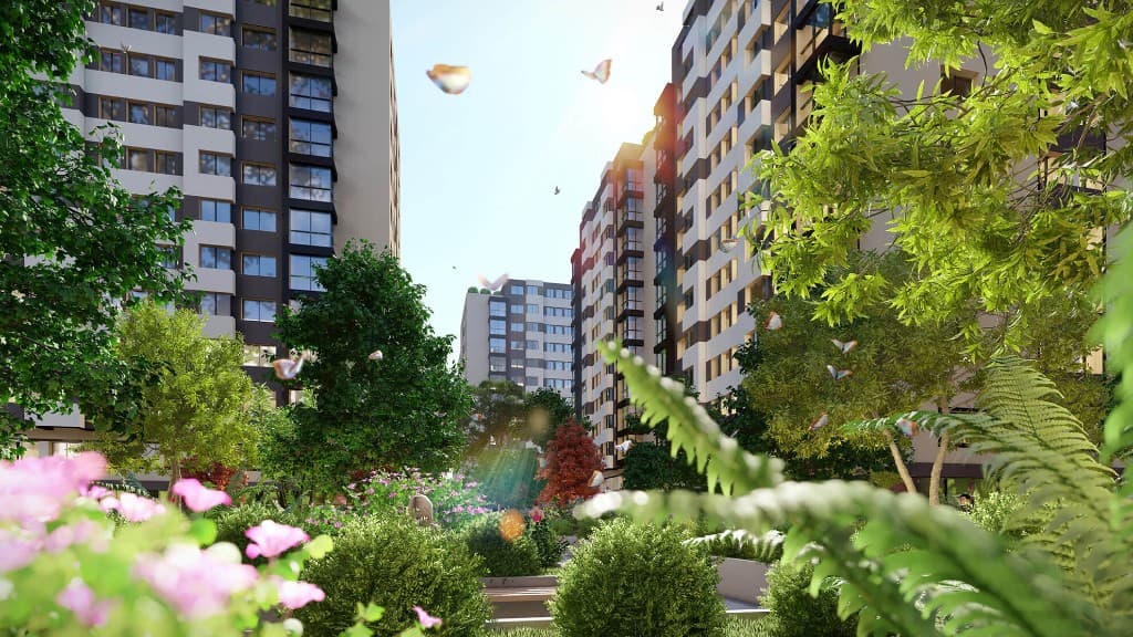 Spații verzi între clădirile Comat Towers